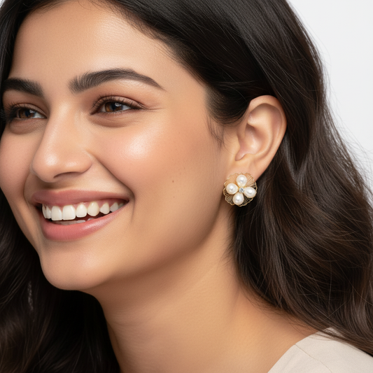 Pearl Flower Stud Earrings – Elegant Gold Floral Design with Crystal Center LE10341