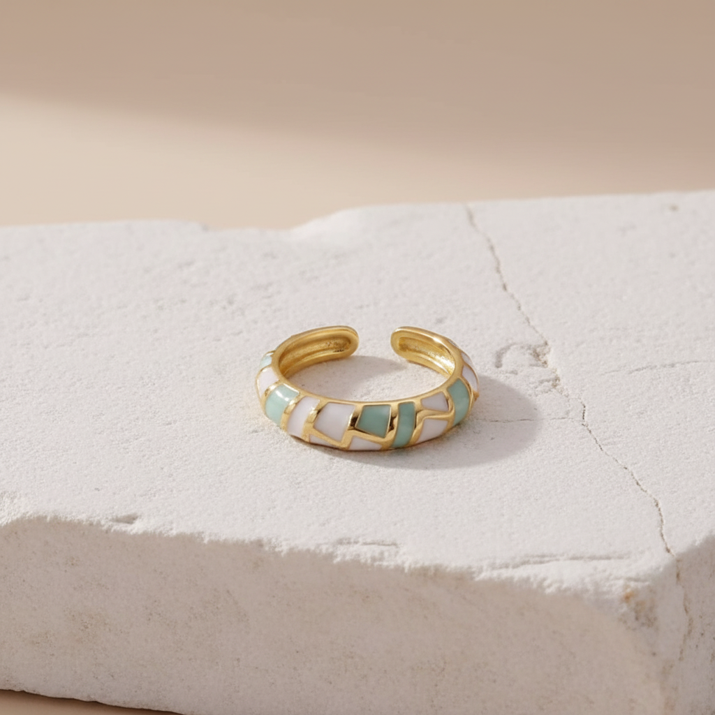 Mint & White Enamel Gold Adjustable Mosaic Ring LR10222