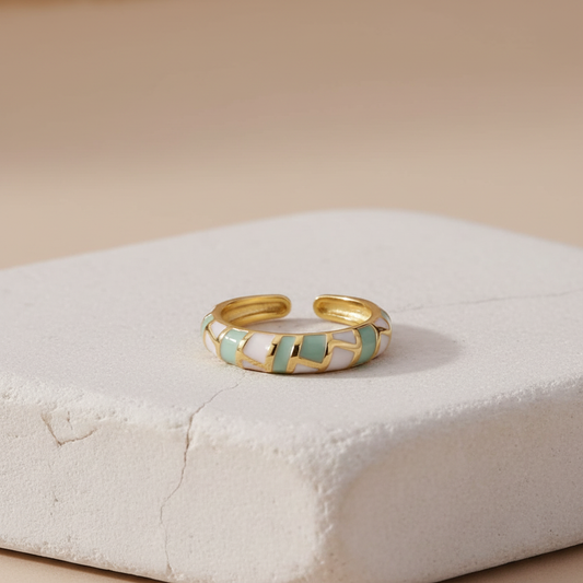 Mint & White Enamel Gold Adjustable Mosaic Ring LR10222