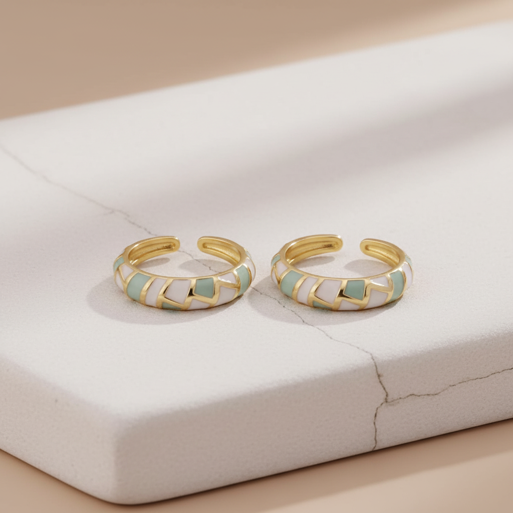Mint & White Enamel Gold Adjustable Mosaic Ring LR10222