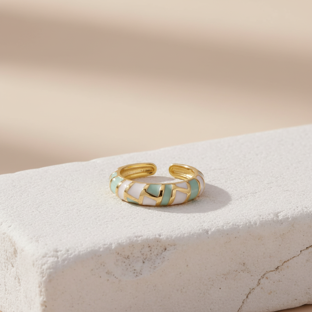 Mint & White Enamel Gold Adjustable Mosaic Ring LR10222