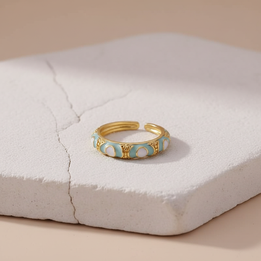 Mint & White Enamel Gold Adjustable Statement Ring LR10223