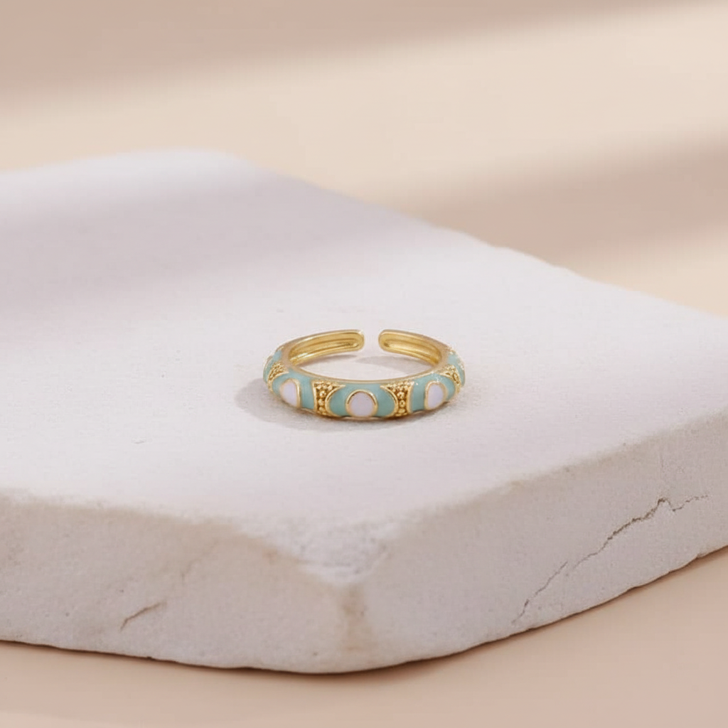 Mint & White Enamel Gold Adjustable Statement Ring LR10223