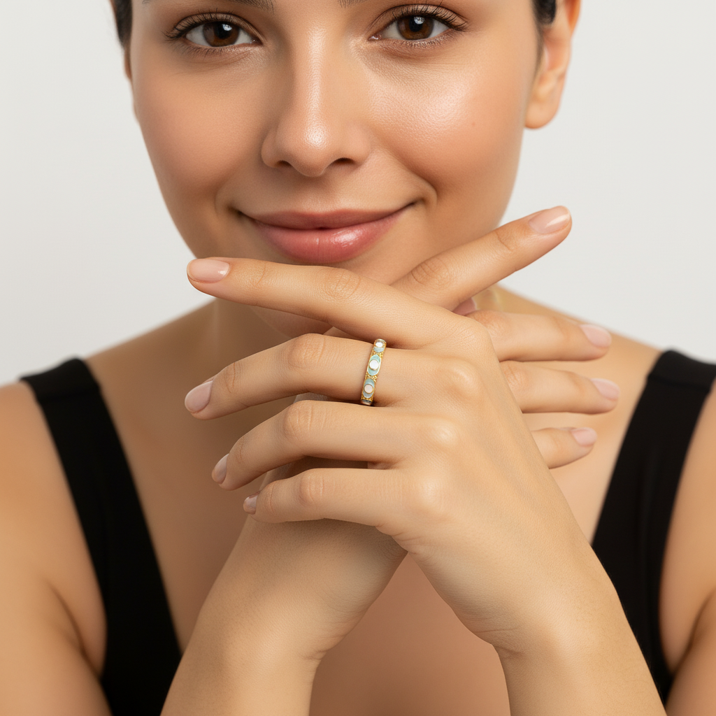 Mint & White Enamel Gold Adjustable Statement Ring LR10223