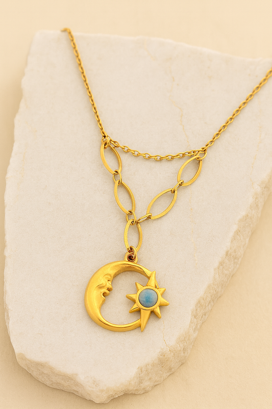 Moon & Sun Necklace Gold Vermeil with Blue Gemstone  Celestial Jewelry LN10103