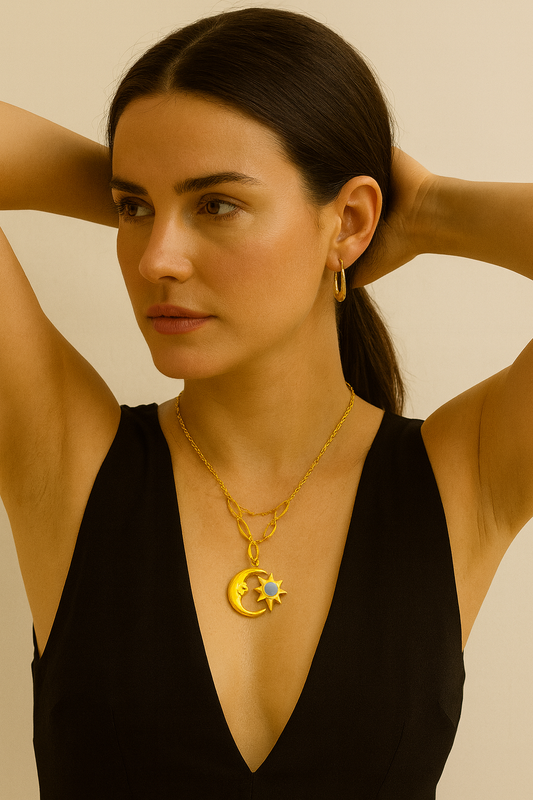Moon & Sun Necklace Gold Vermeil with Blue Gemstone  Celestial Jewelry LN10103
