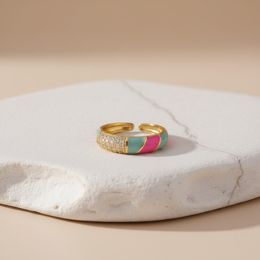 Multicolor Enamel & Gold Adjustable Ring with Diamonds LR10211