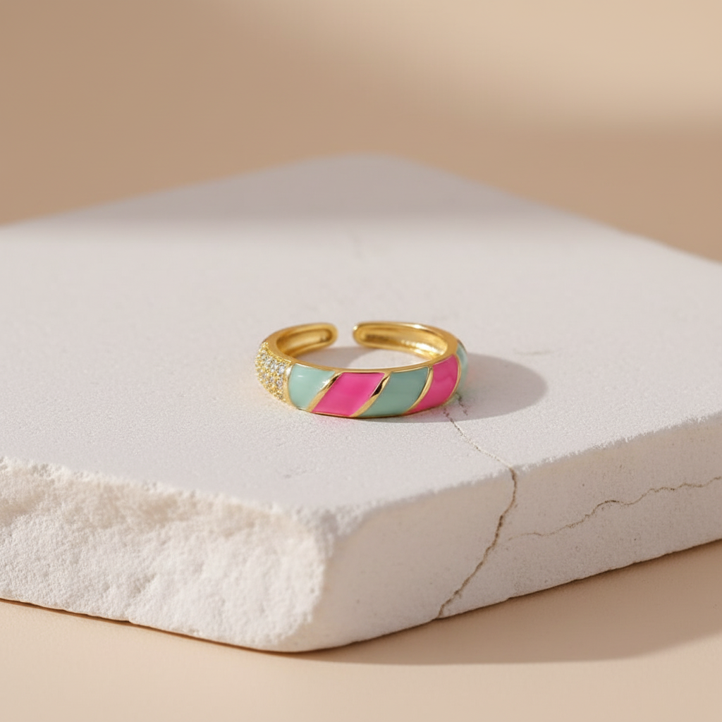 Multicolor Enamel & Gold Adjustable Ring with Diamonds LR10211