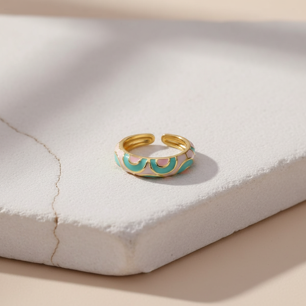 Pastel Enamel & Gold Adjustable Ring in Pink and Mint LR10214