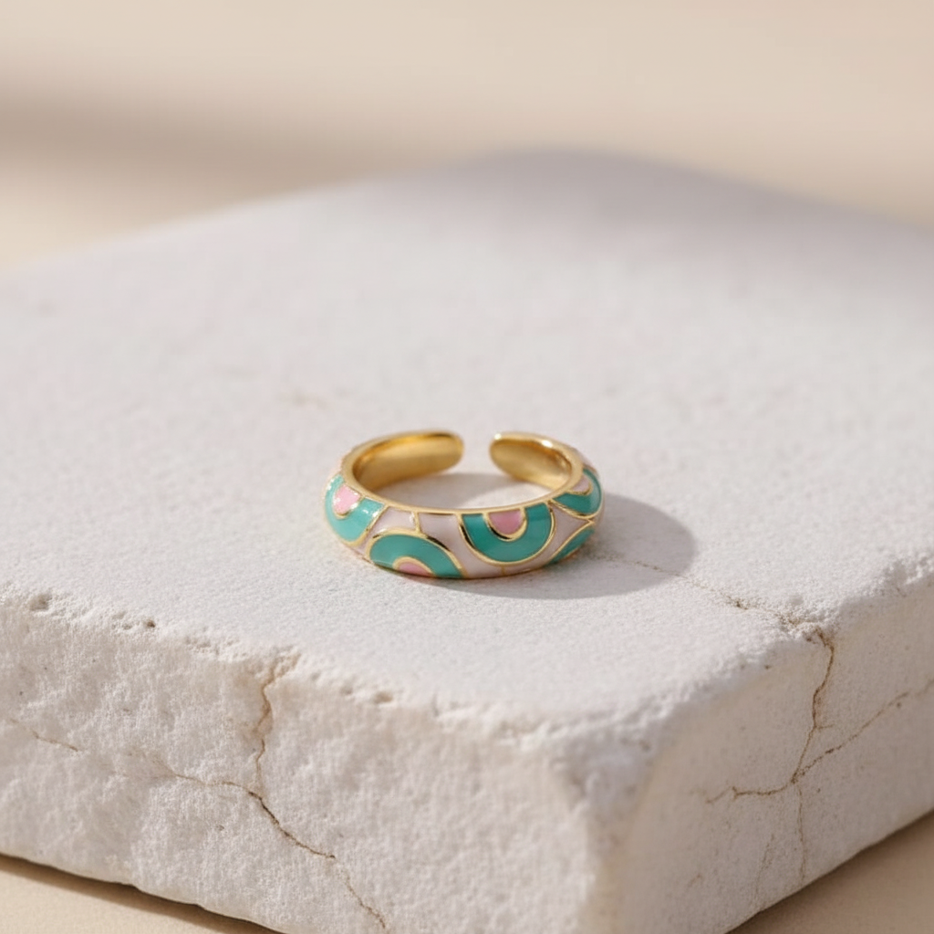 Pastel Enamel & Gold Adjustable Ring in Pink and Mint LR10214