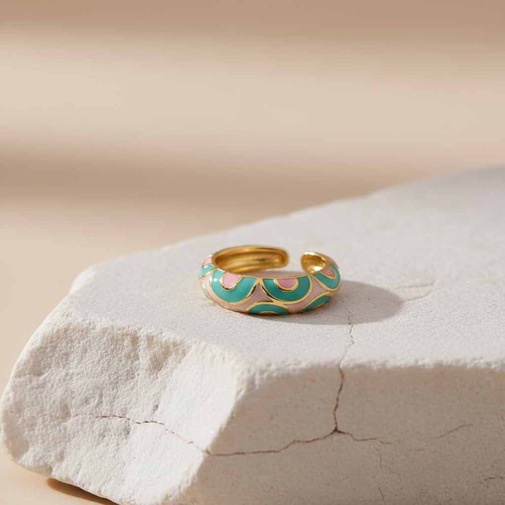 Pastel Enamel & Gold Adjustable Ring in Pink and Mint LR10214