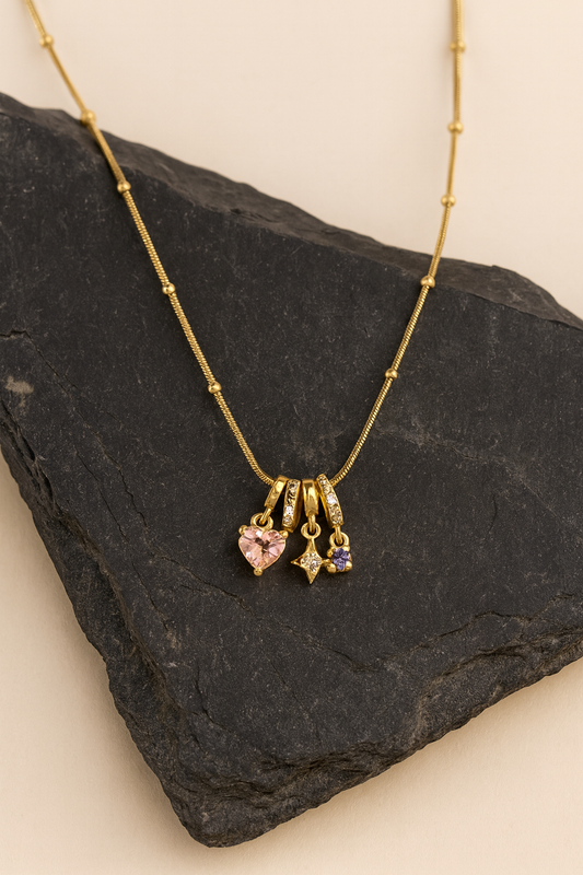 Pastel Gem Trio Charm Necklace on Beaded Snake Chain LN10274