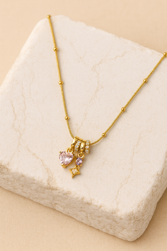 Pastel Gem Trio Charm Necklace on Beaded Snake Chain LN10274