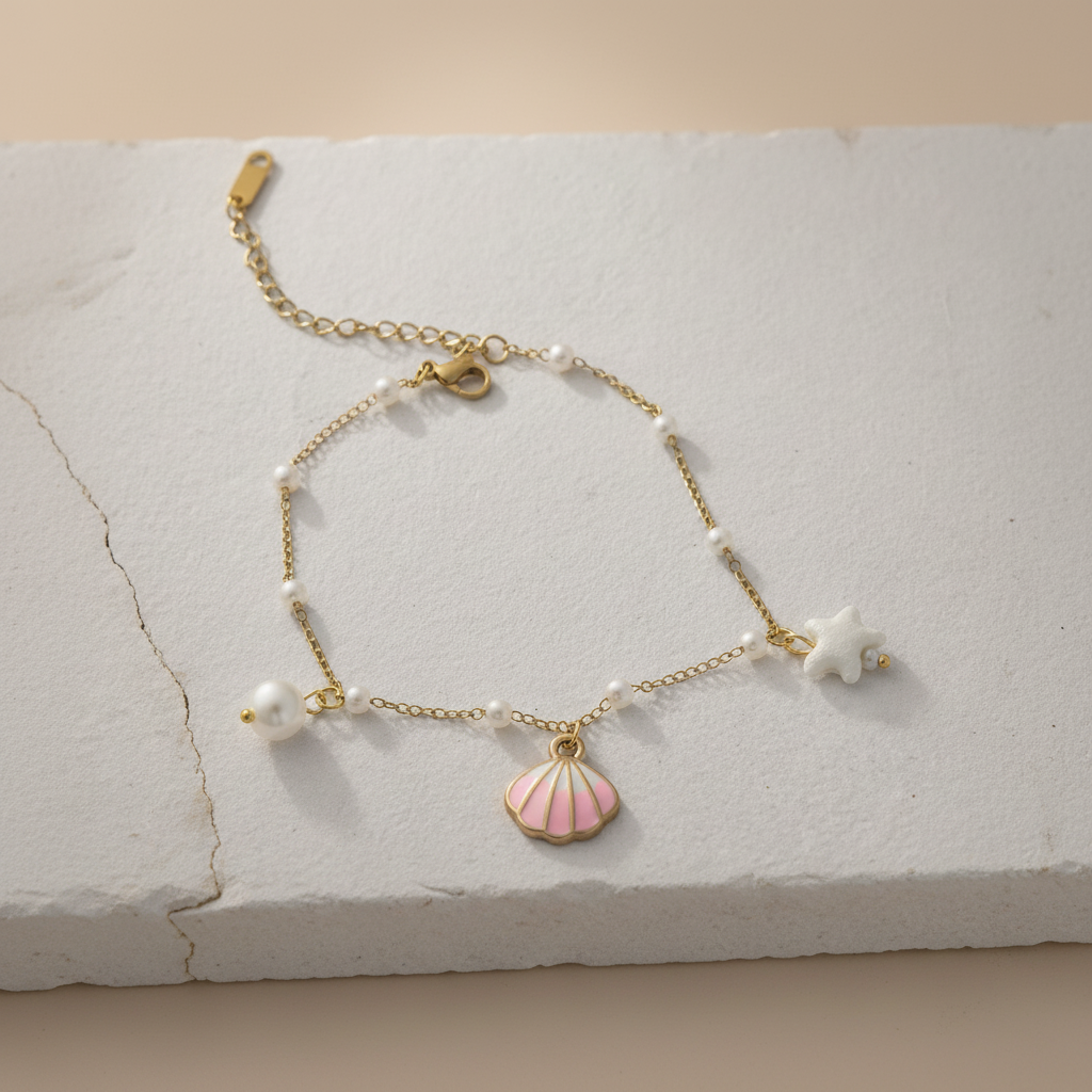 Pearl & Pink Shell Charm Anklet – Gold Plated Ocean-Inspired Minimal Jewelry LA10112
