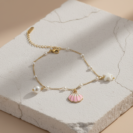 Pearl & Pink Shell Charm Anklet – Gold Plated Ocean-Inspired Minimal Jewelry LA10112