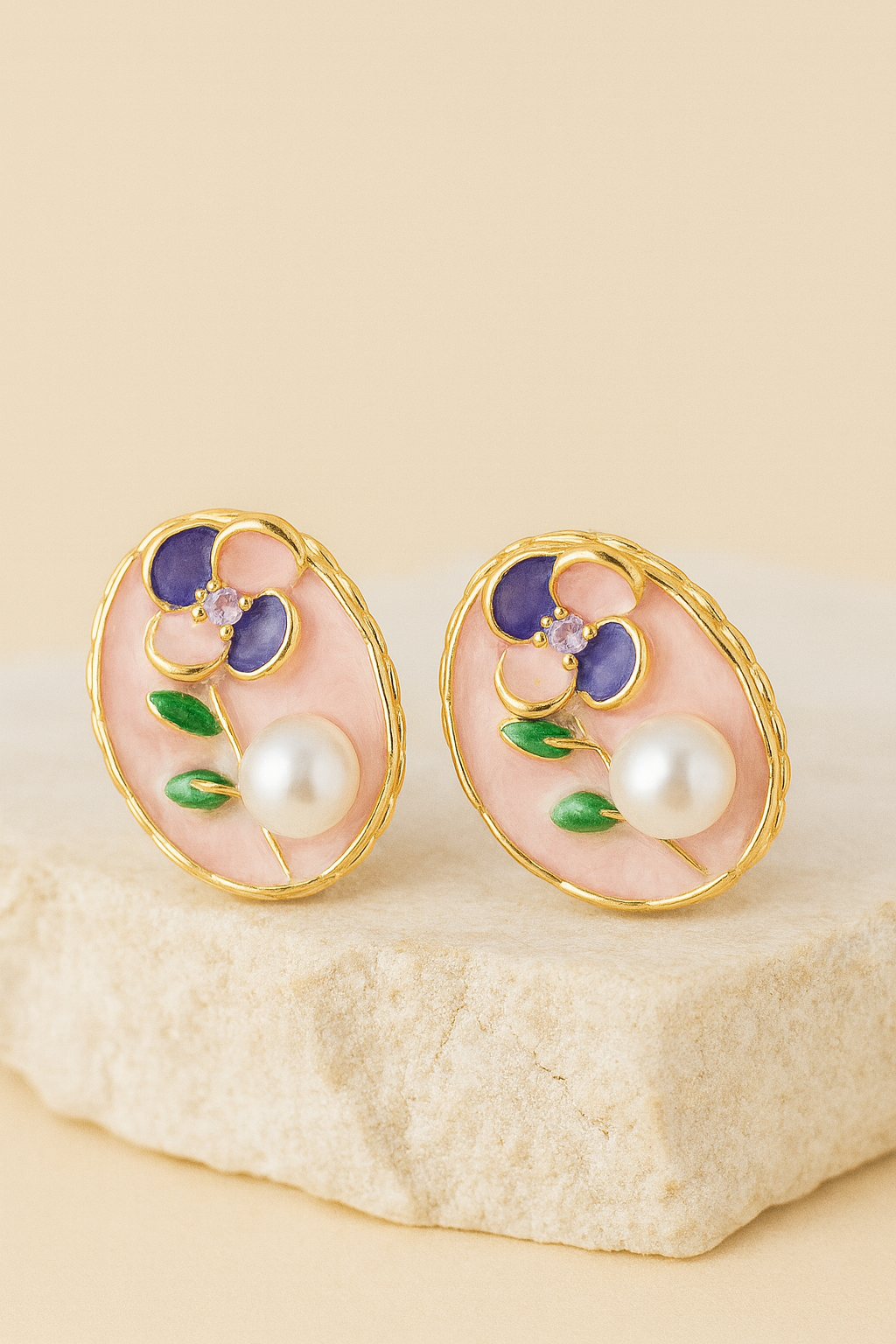 Pink Enamel Floral Gold Stud Earrings with Pearl – Handcrafted Elegant Jewelry for Women LE10276