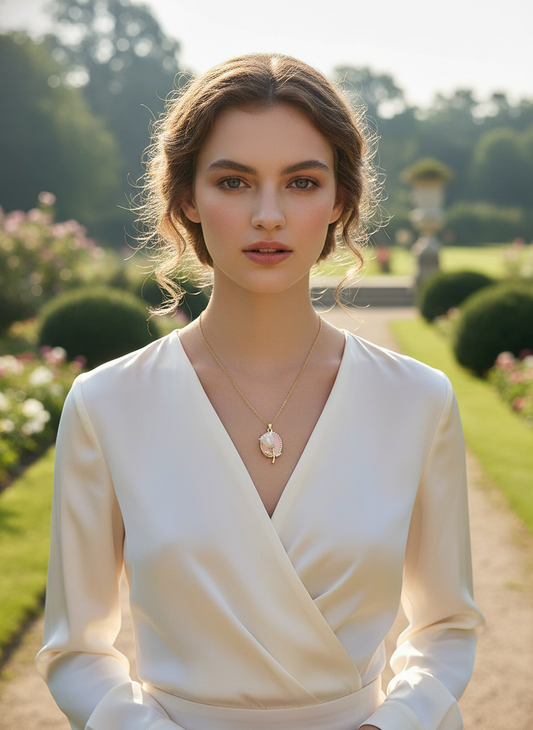 Pink Enamel Tulip Gold Pendant Necklace – Elegant Pearl Flower Jewelry for Women LN10284