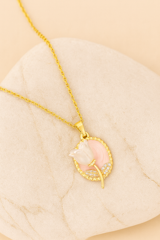Pink Enamel Tulip Gold Pendant Necklace – Elegant Pearl Flower Jewelry for Women LN10284