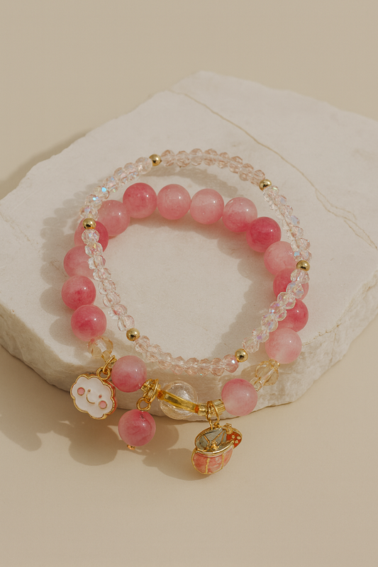 Pink Beaded Charm Bracelet Set – Cute Stretch Crystal Jewelry LB10087