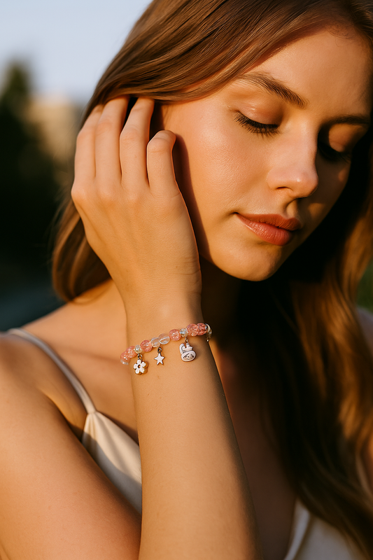 Pink Beaded Charm Bracelet Set – Cute Stretch Crystal Jewelry LB10087