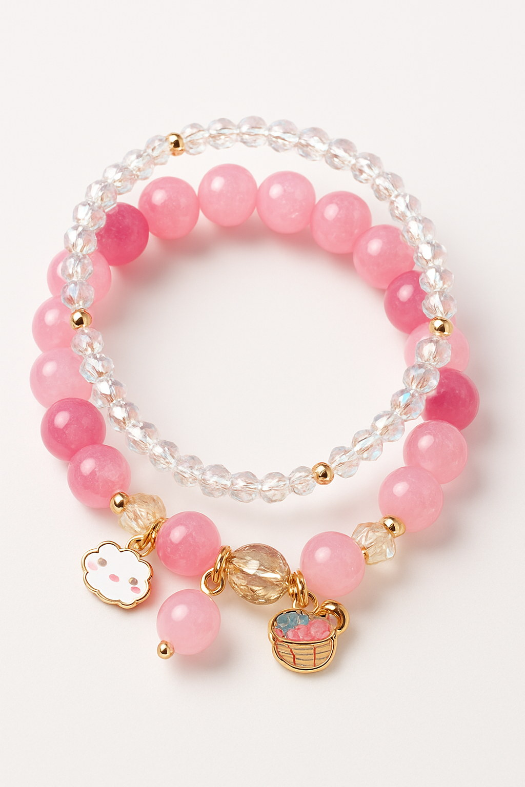 Pink Beaded Charm Bracelet Set – Cute Stretch Crystal Jewelry LB10087
