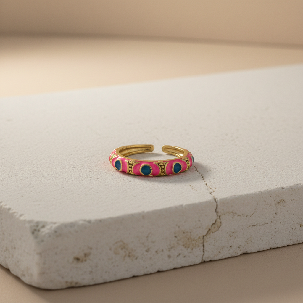 Pink & Blue Enamel Gold Adjustable Statement Ring LR10224