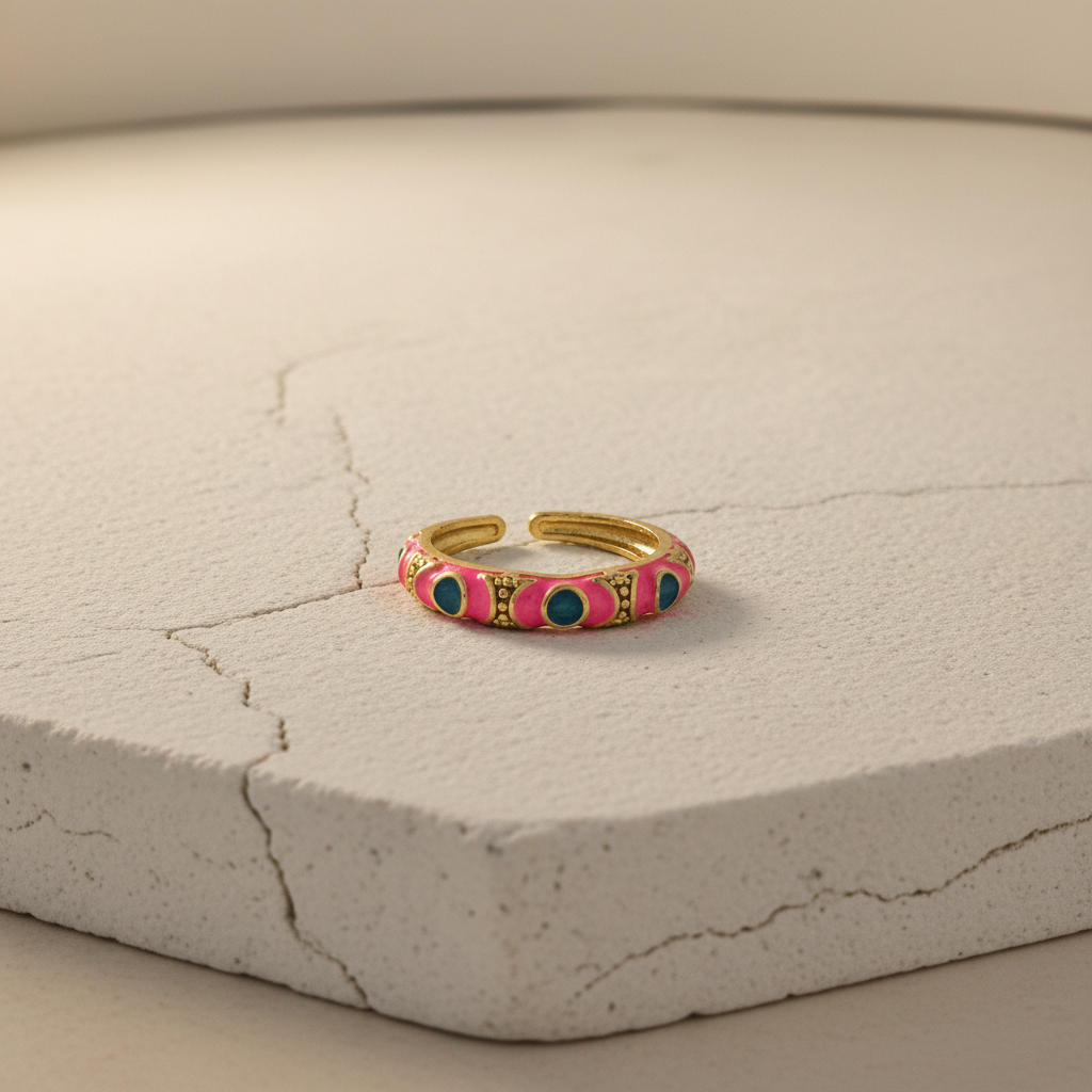 Pink & Blue Enamel Gold Adjustable Statement Ring LR10224