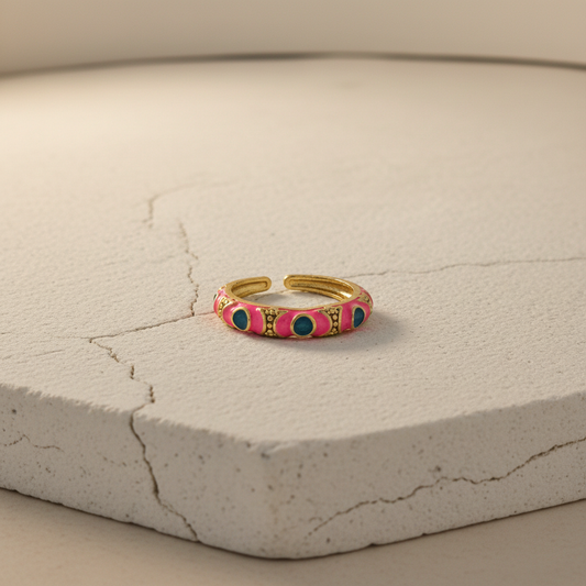 Pink & Blue Enamel Gold Adjustable Statement Ring LR10224
