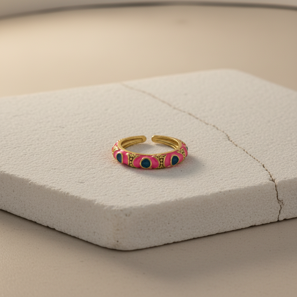 Pink & Blue Enamel Gold Adjustable Statement Ring LR10224