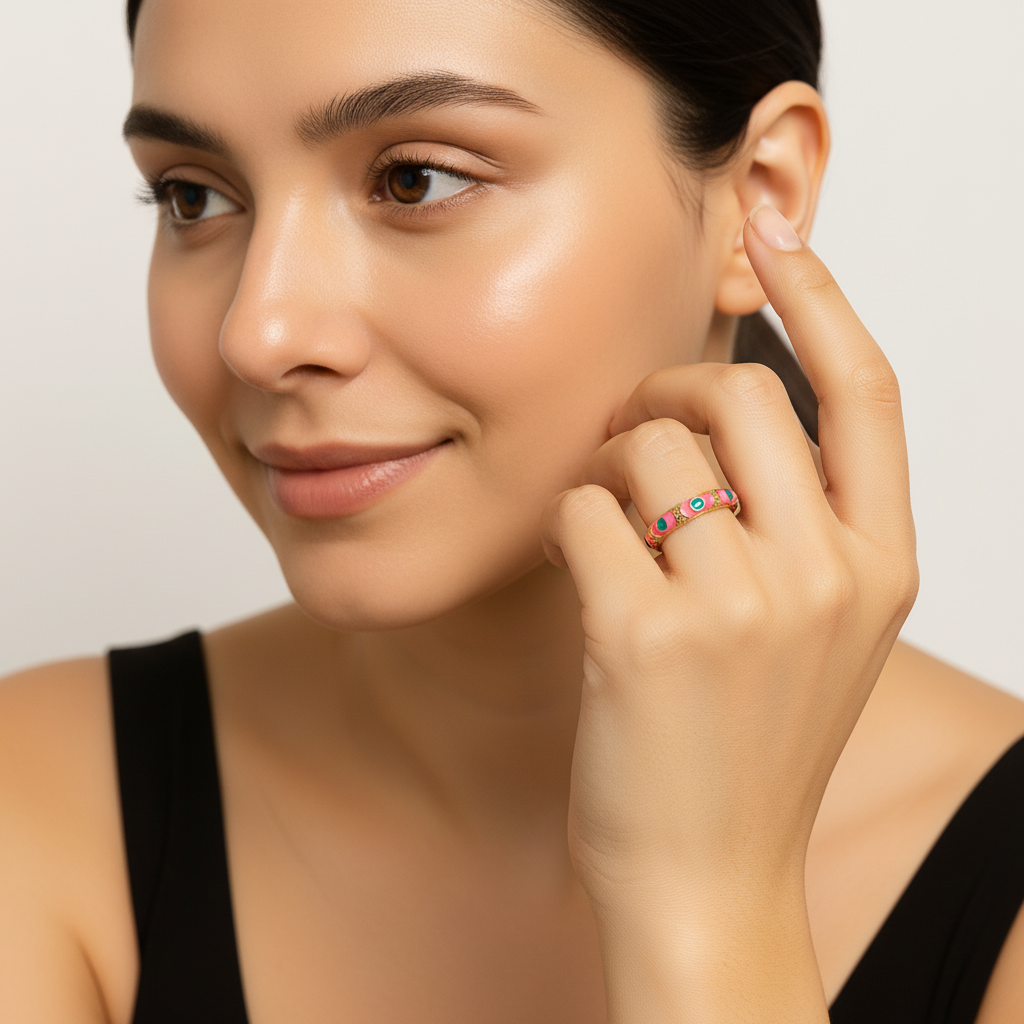 Pink & Blue Enamel Gold Adjustable Statement Ring LR10224