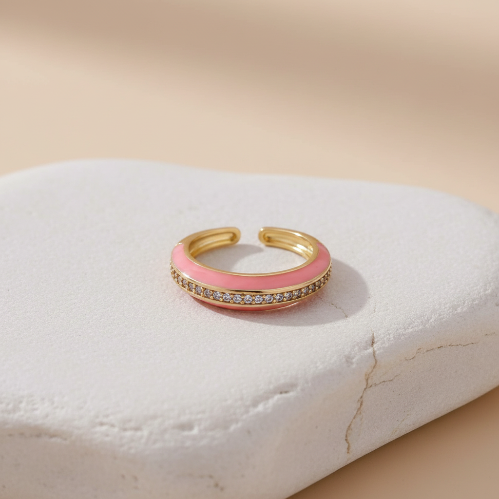 Pink Enamel & Gold Adjustable Ring with Diamond Band LR10200