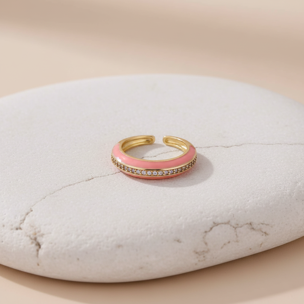 Pink Enamel & Gold Adjustable Ring with Diamond Band LR10200