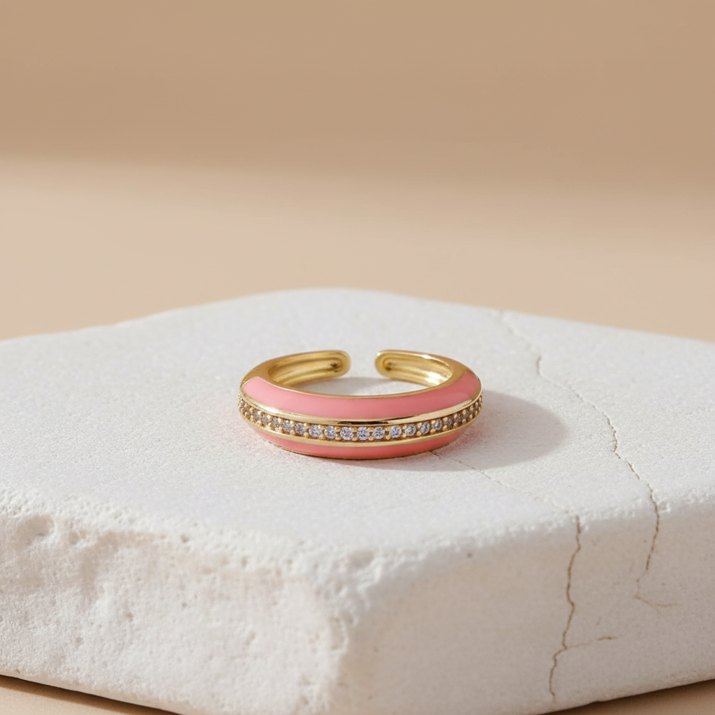 Pink Enamel & Gold Adjustable Ring with Diamond Band LR10200