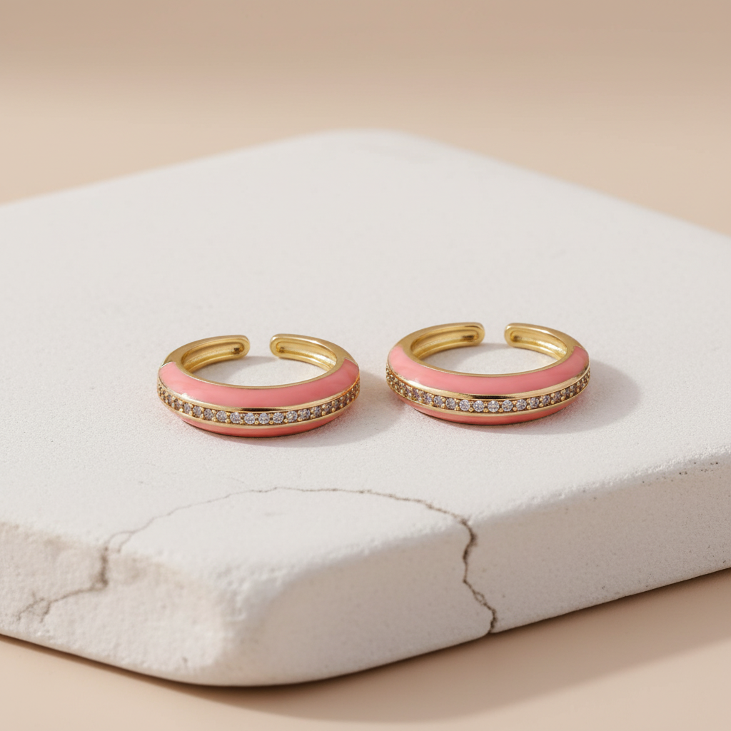 Pink Enamel & Gold Adjustable Ring with Diamond Band LR10200
