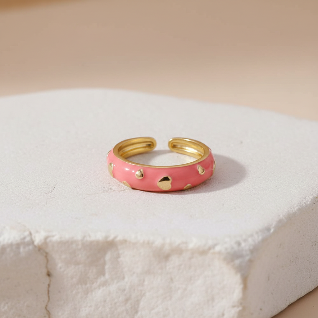 Pink Enamel & Gold Adjustable Ring with Heart Accents LR10201