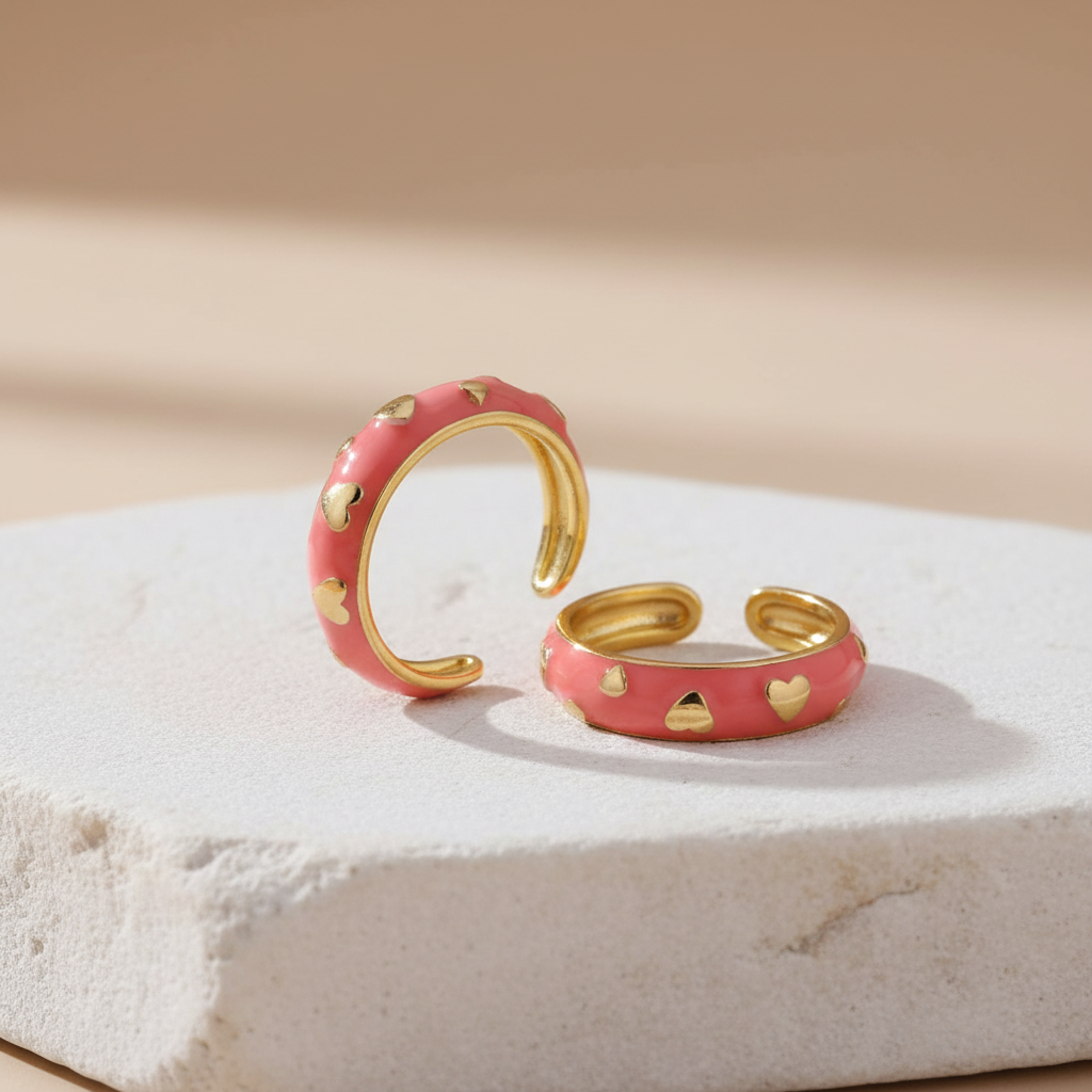 Pink Enamel & Gold Adjustable Ring with Heart Accents LR10201