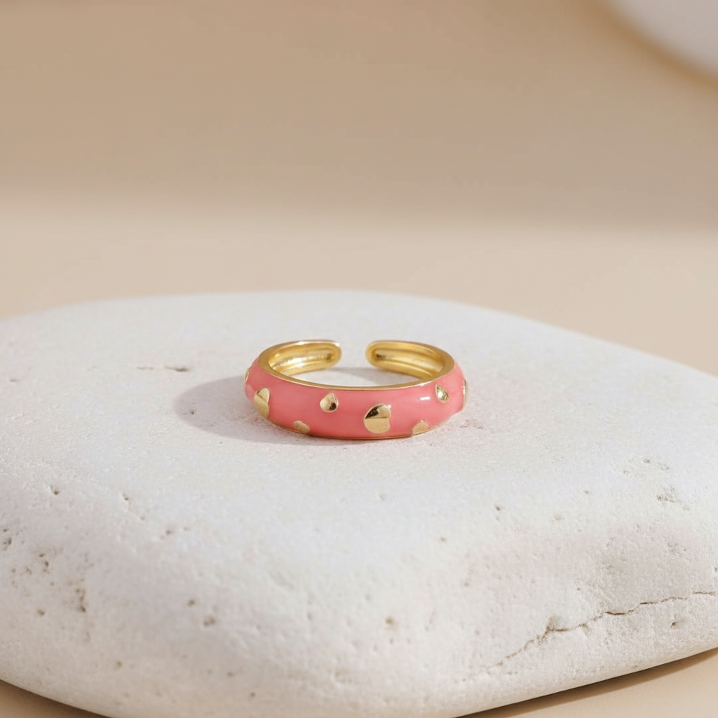 Pink Enamel & Gold Adjustable Ring with Heart Accents LR10201