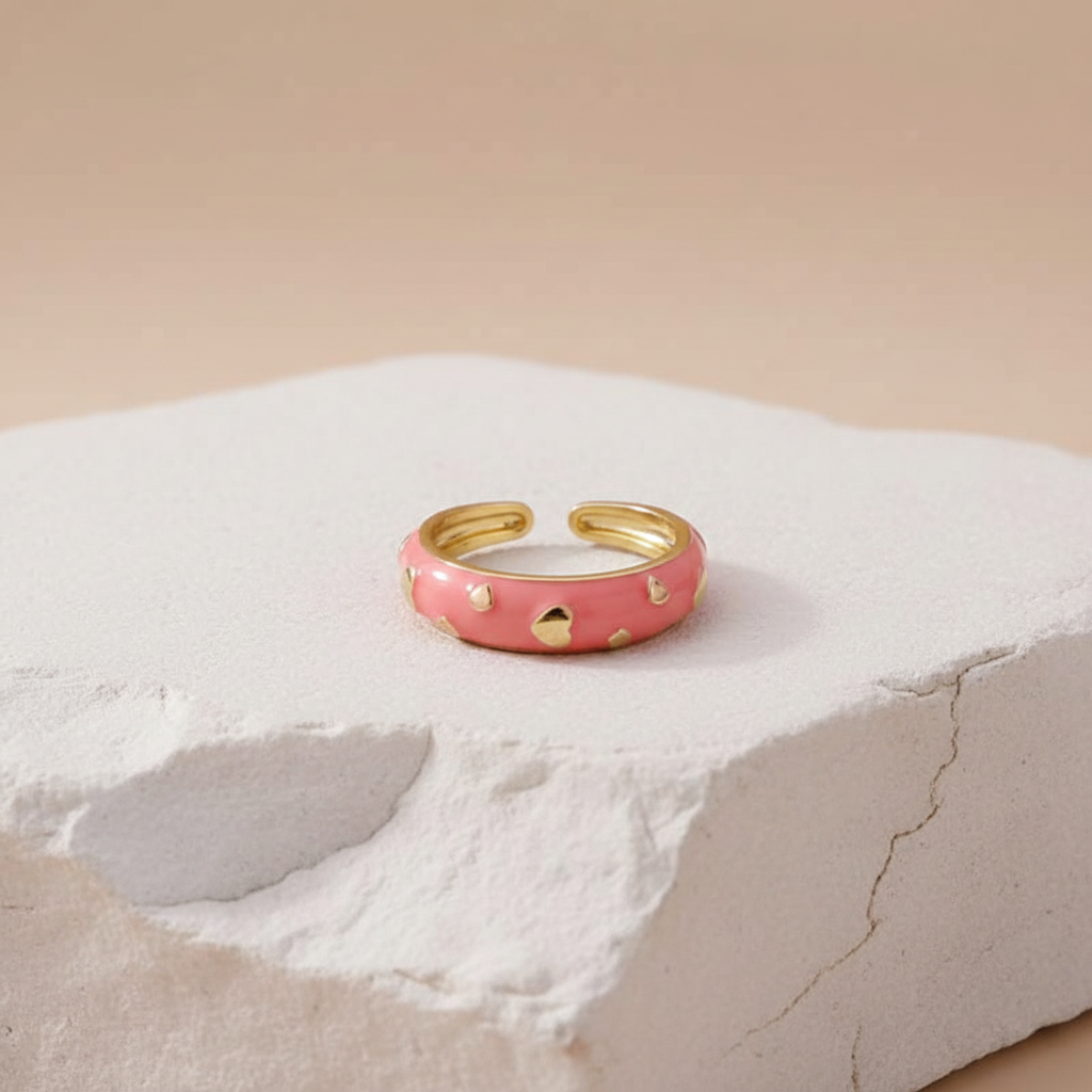 Pink Enamel & Gold Adjustable Ring with Heart Accents LR10201