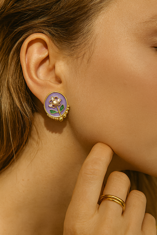 Purple Enamel Floral Gold Stud Earrings – Handcrafted Elegant Jewelry for Women LE10280