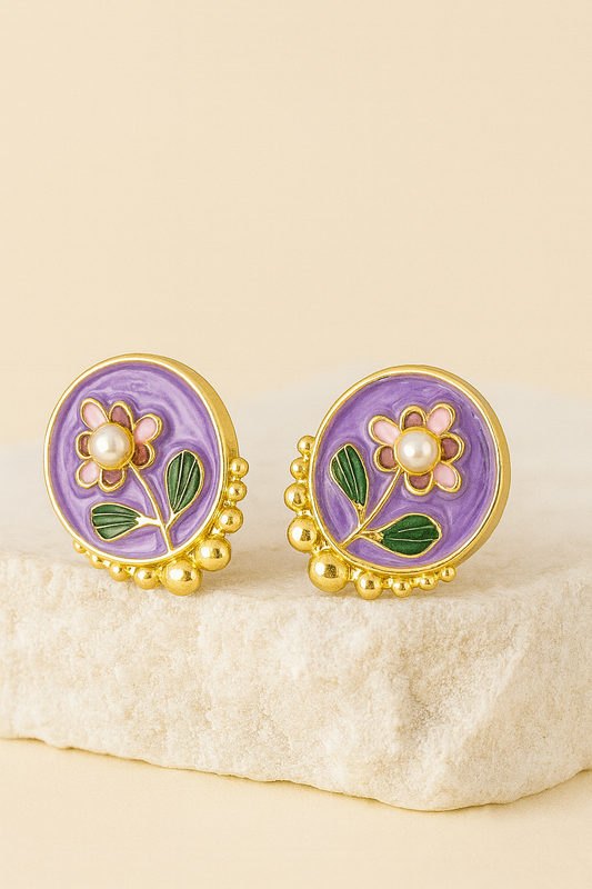 Purple Enamel Floral Gold Stud Earrings – Handcrafted Elegant Jewelry for Women LE10280