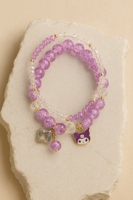 Purple Beaded Charm Bracelet  Crystal Beads with Cartoon & Gemstone Charms LB10074