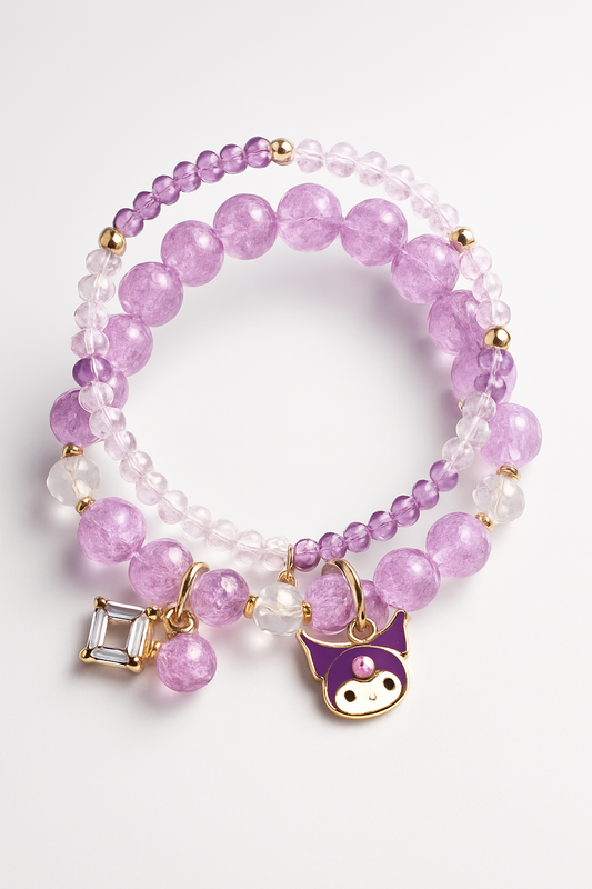 Purple Beaded Charm Bracelet  Crystal Beads with Cartoon & Gemstone Charms LB10074