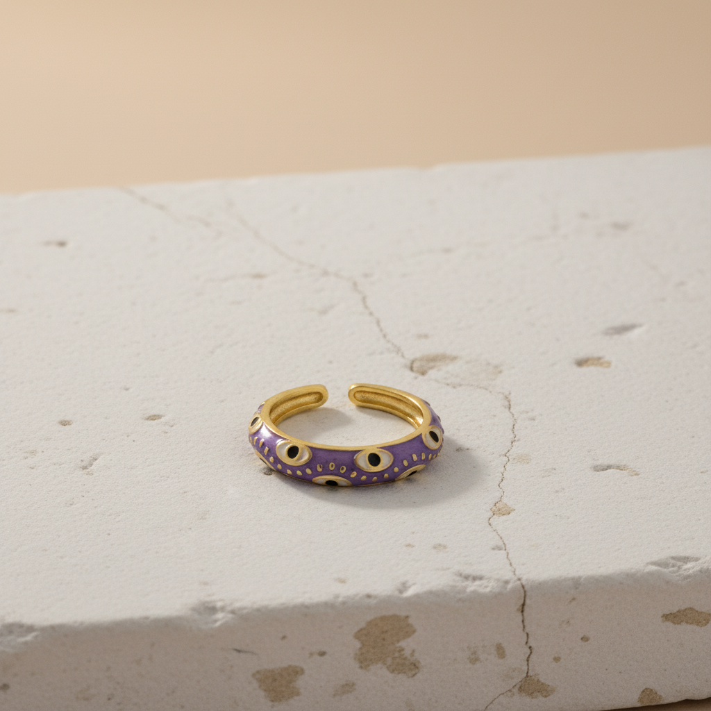 Purple Enamel & Gold Adjustable Evil Eye Ring LR10219