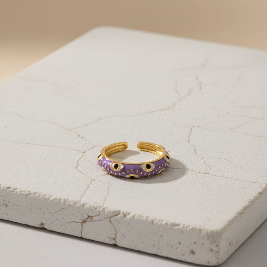 Purple Enamel & Gold Adjustable Evil Eye Ring LR10219