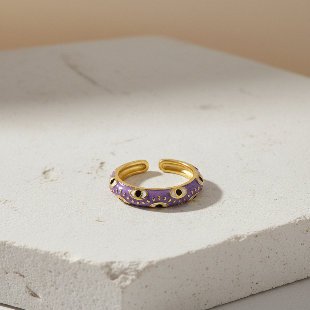 Purple Enamel & Gold Adjustable Evil Eye Ring LR10219