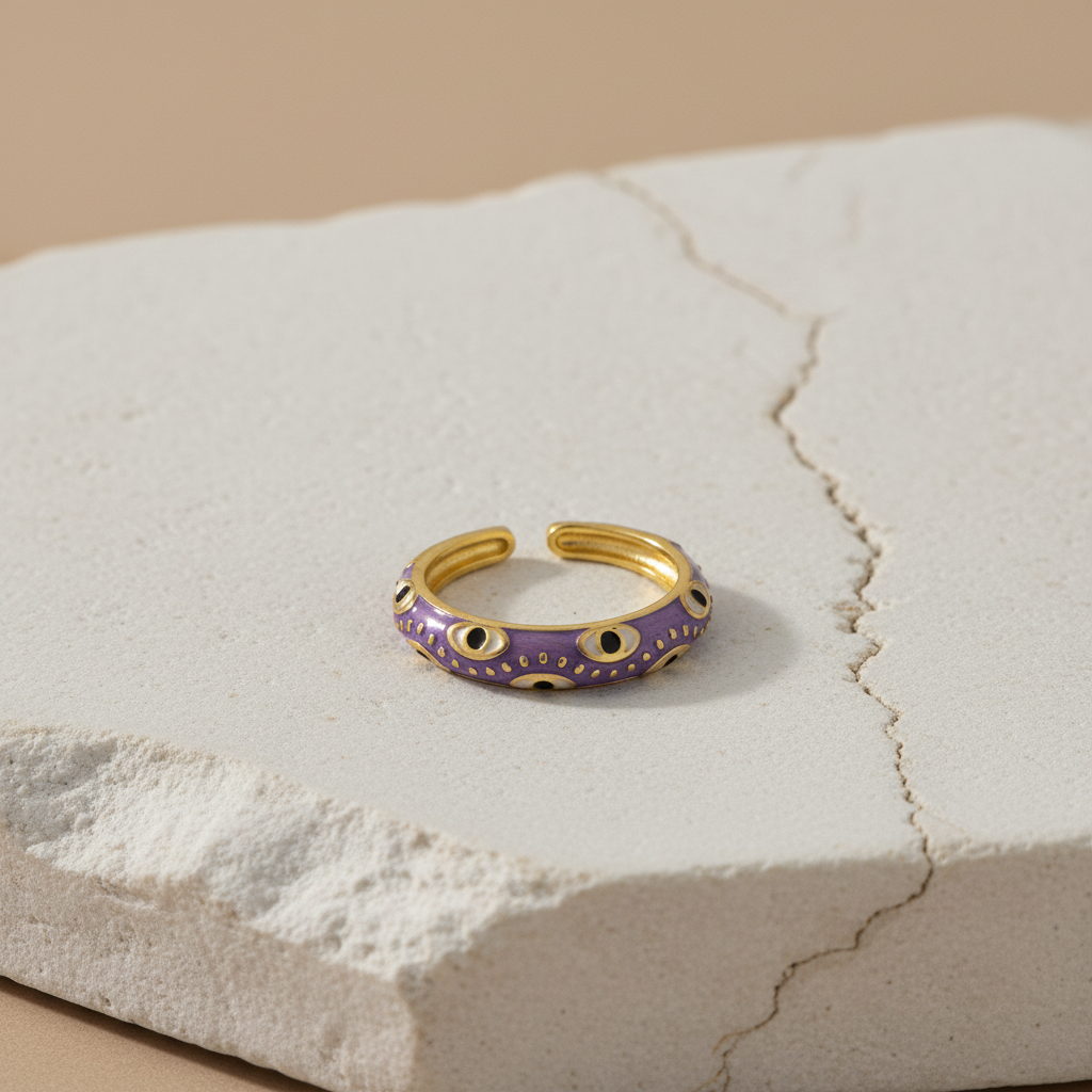 Purple Enamel & Gold Adjustable Evil Eye Ring LR10219