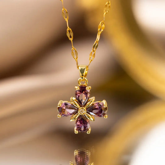 Purple Stone Floral Cross Pendant LN10169