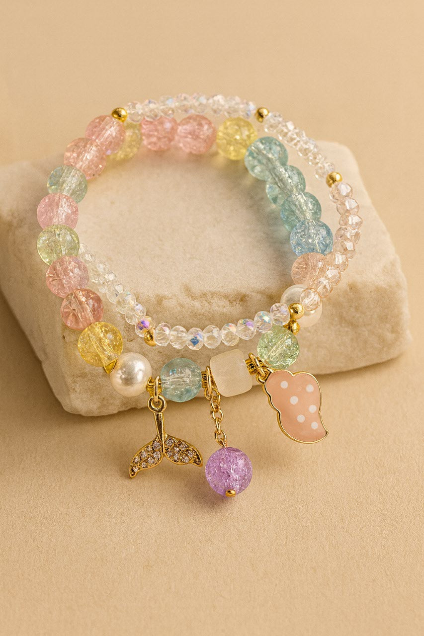 Rainbow Beaded Charm Bracelet  Colorful Crystal Beads with Moon, Pearl & Pendant Charms LB10075