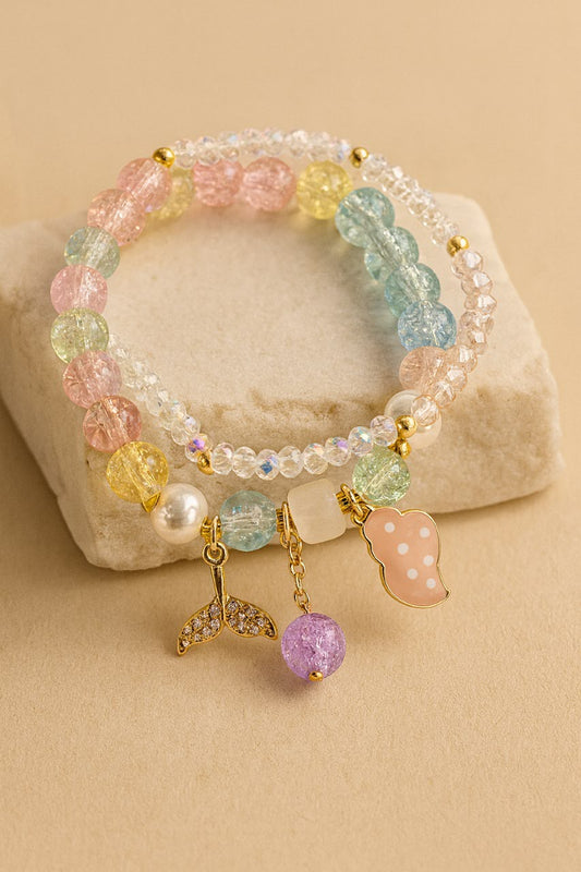 Rainbow Beaded Charm Bracelet  Colorful Crystal Beads with Moon, Pearl & Pendant Charms LB10075