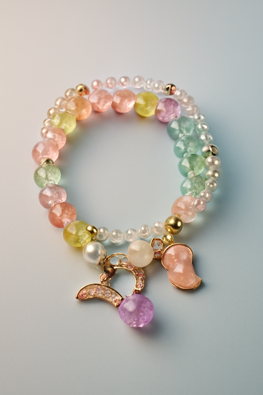 Rainbow Beaded Charm Bracelet  Colorful Crystal Beads with Moon, Pearl & Pendant Charms LB10075